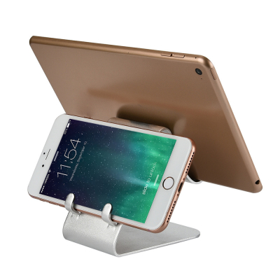 Dubbele aluminium telefoon- en tabletstandaard zilverkleurig